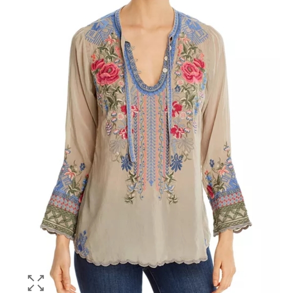 Johnny Was Tops - Johnny Was Millie Beige Floral Embroidered Blouse